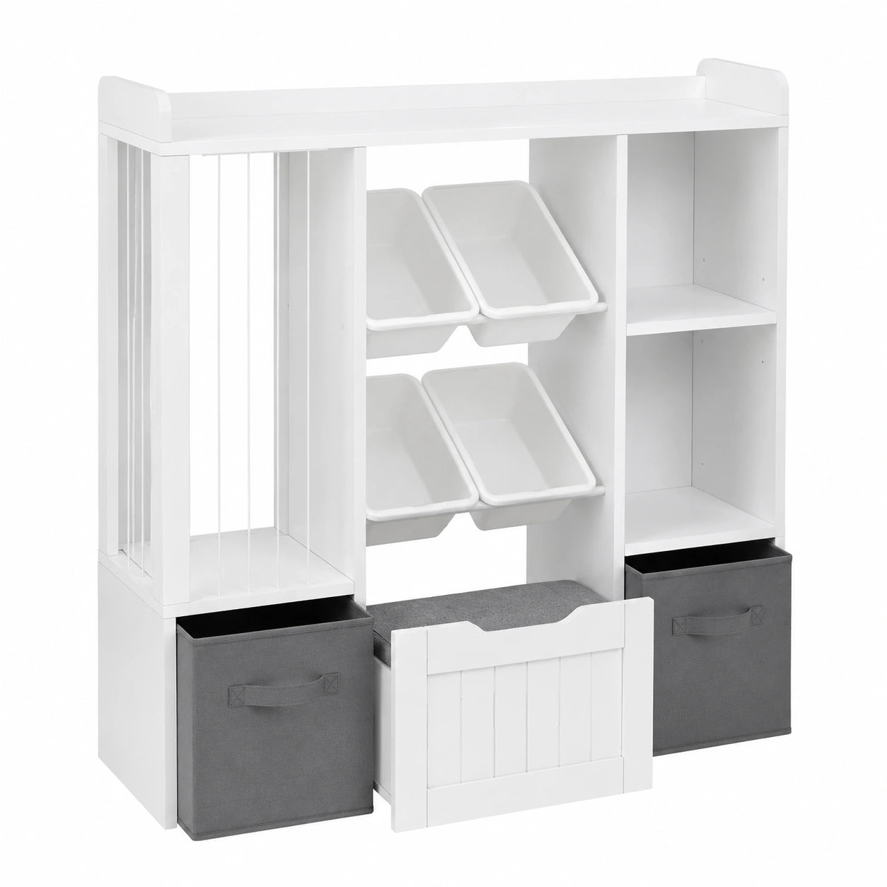 Kinderregal mit Sitzbank und Spielzeugfächern, Holzregal inklusive Stoffschubladen und Aufbewahrungsboxen für das Kinderzimmer