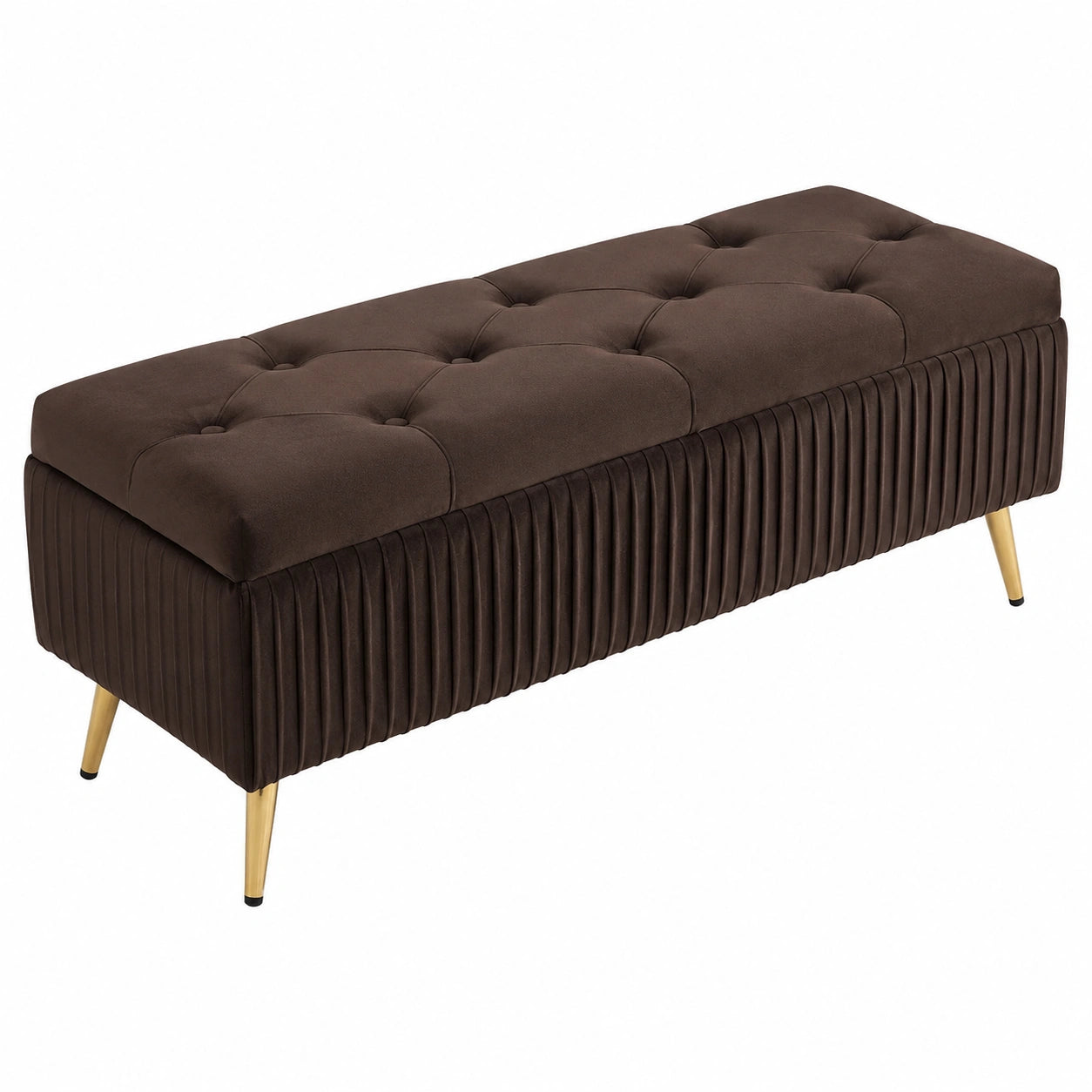Samt-Ottoman mit Stauraum und goldenen Metallbeinen, Knopfheftung, ideal für Wohnzimmer oder Schlafzimmer