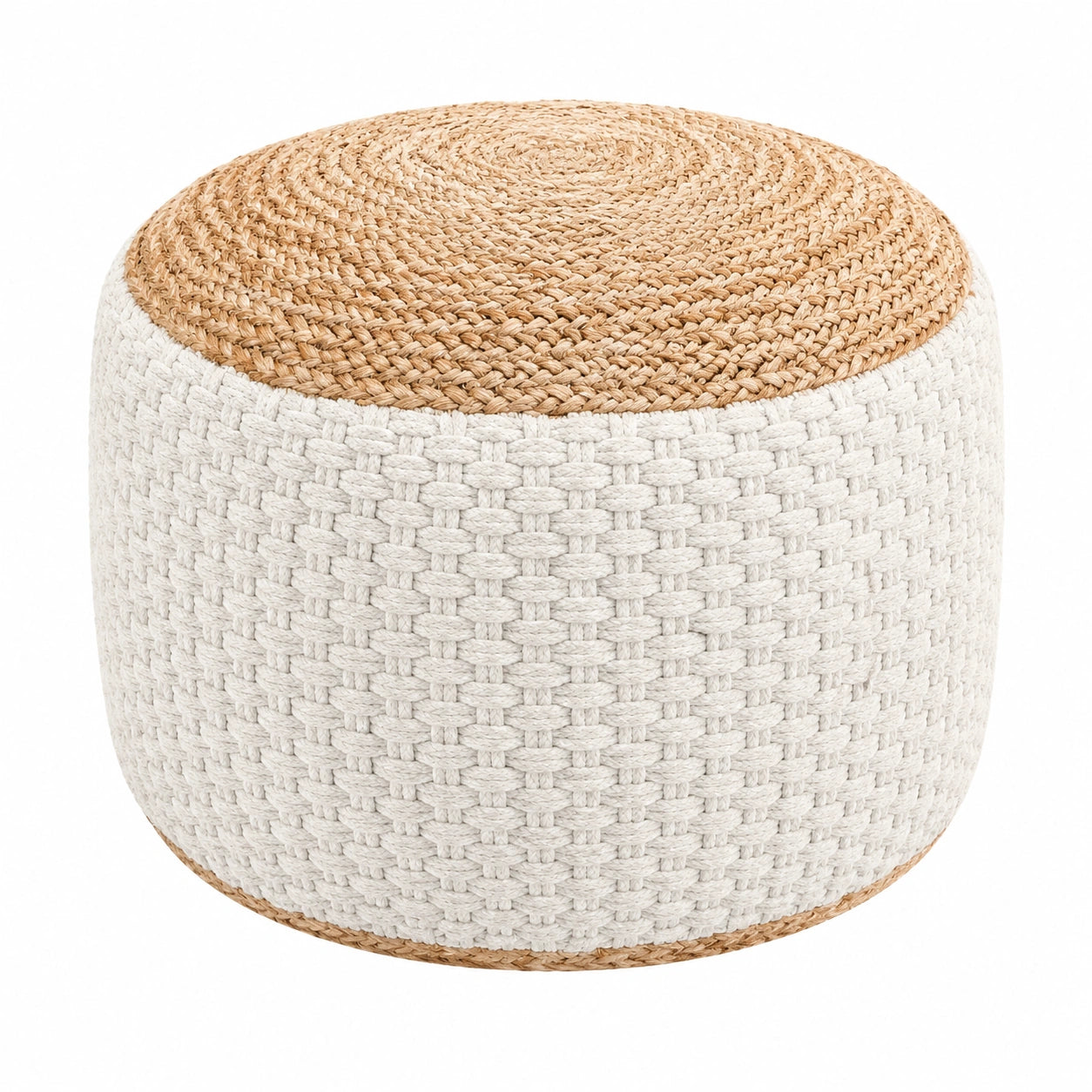 Runder Jute-Pouf Hocker, Bodenkissen, Dekorativ, Ø 50 cm, Weiß/Natur
