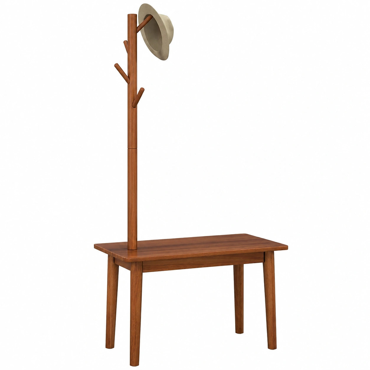 GOPLUS Holz-Garderobenständer mit Sitzbank und Regal, Kleiderständer mit 4 Haken, Flurmöbel für Diele, Schlafzimmer, Wohnzimmer, 76x43x168 cm, Braun