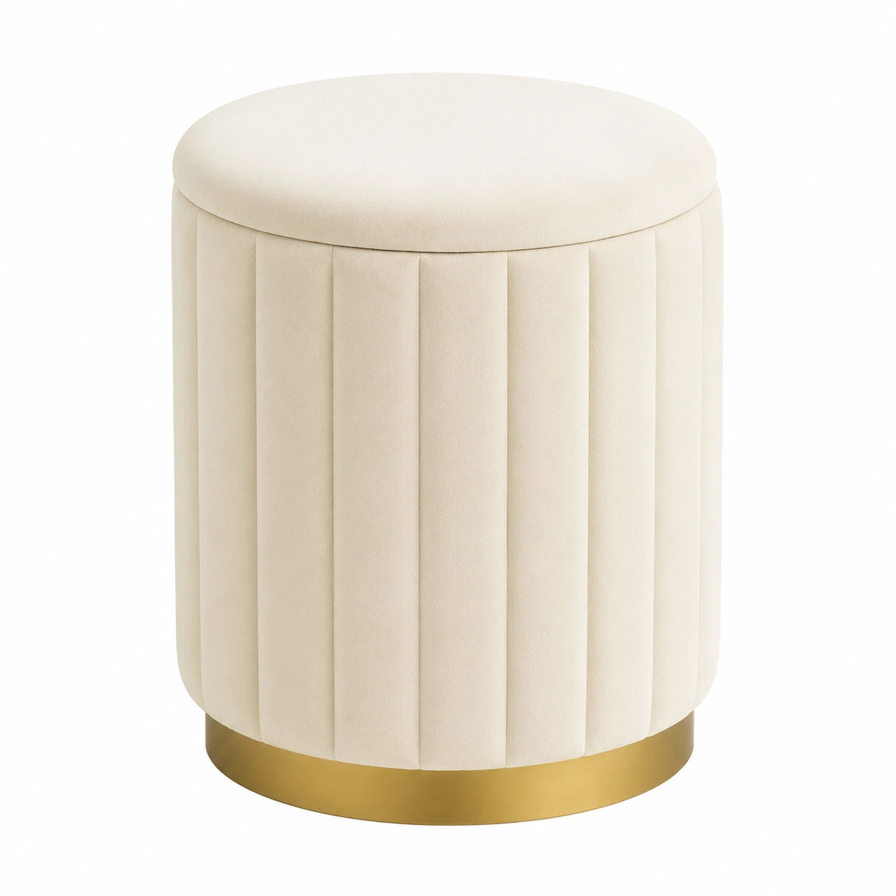 Runder Polsterhocker mit Stauraum für Wohnzimmer, Dekorativer Sitzhocker in Beige