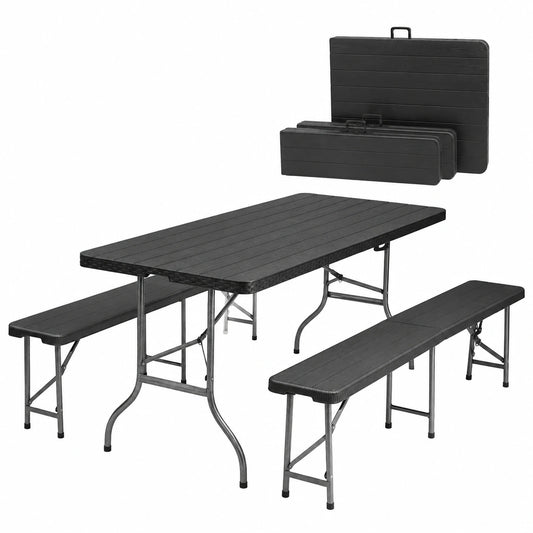 Sekey Klappbares Bierzeltgarnitur-Set, 2 Bänke & 1 Tisch, 180cm, Holzoptik, Schwarz