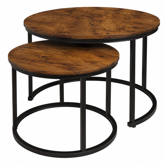 Rustikale Satztische, rund, aus Metall und Holz, 2er-Set, platzsparend