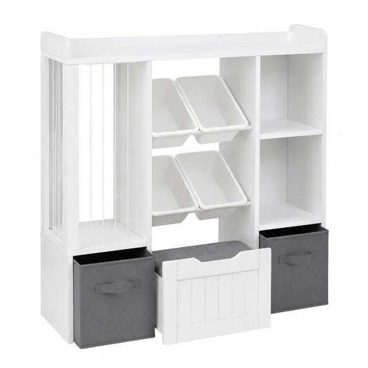 Kinderregal mit Sitzbank und Spielzeugfächern, Holzregal inklusive Stoffschubladen und Aufbewahrungsboxen für das Kinderzimmer