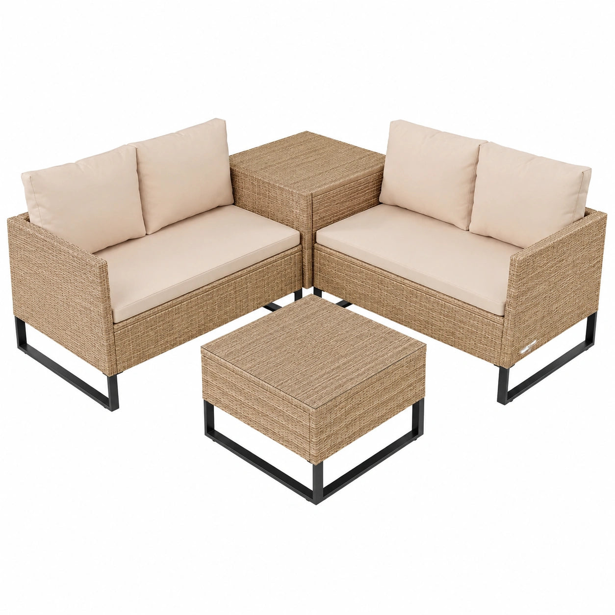 Polyrattan Gartenlounge Set für 4 Personen – Wetterfeste Balkonmöbel mit Tisch & Auflagenbox – Cremefarbene Sitzgruppe