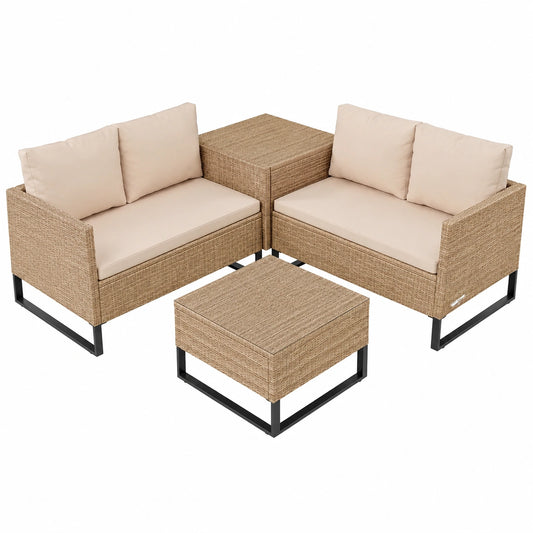 Polyrattan Gartenlounge Set für 4 Personen – Wetterfeste Balkonmöbel mit Tisch & Auflagenbox – Cremefarbene Sitzgruppe