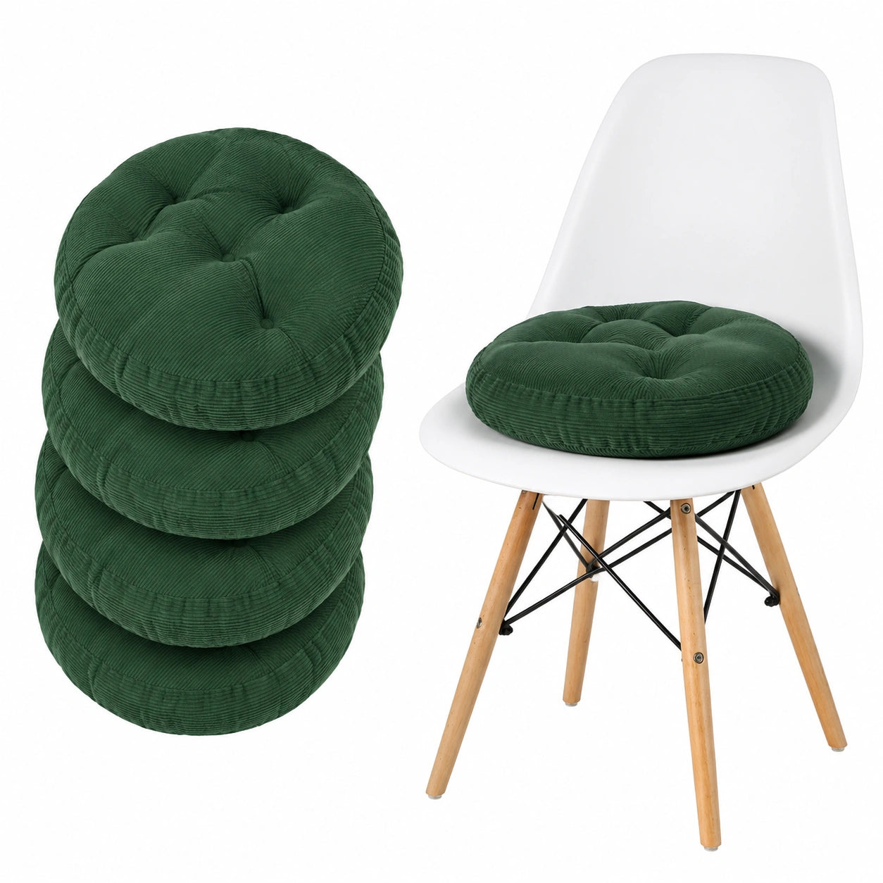 4er Set Sitzkissen Rund Cordstoff Grün 40 cm für Stuhl & Bank