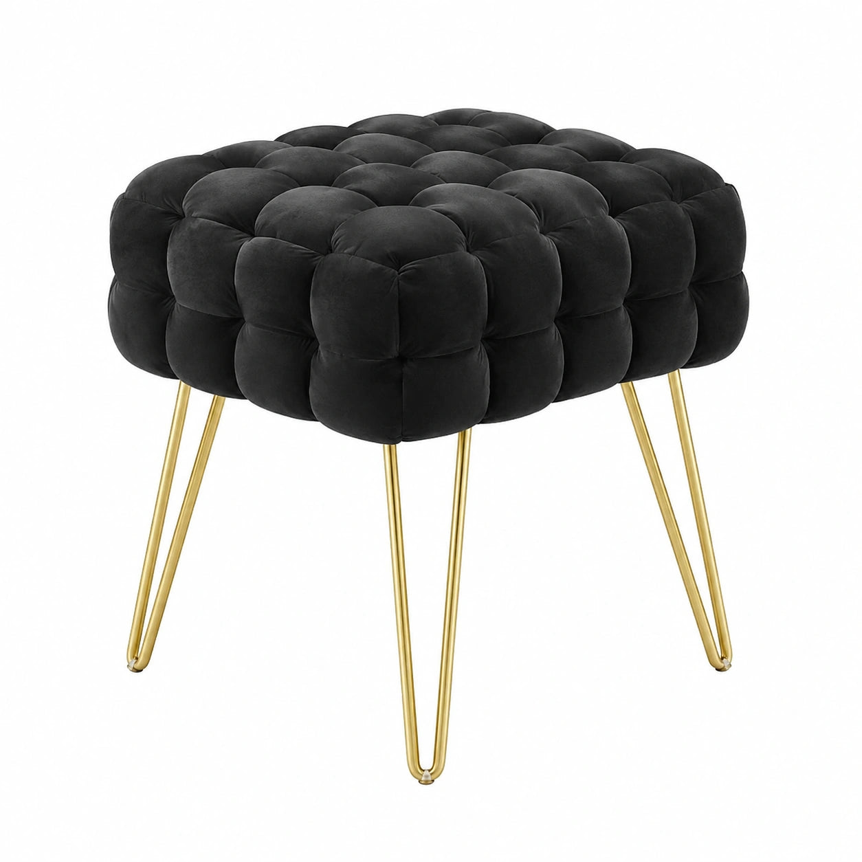 Zedelmaier Eleganter Samt-Kosmetikhocker mit Goldmetallbeinen, Quadratisch, Gepolstert, Schwarz, 38x38x41,5cm