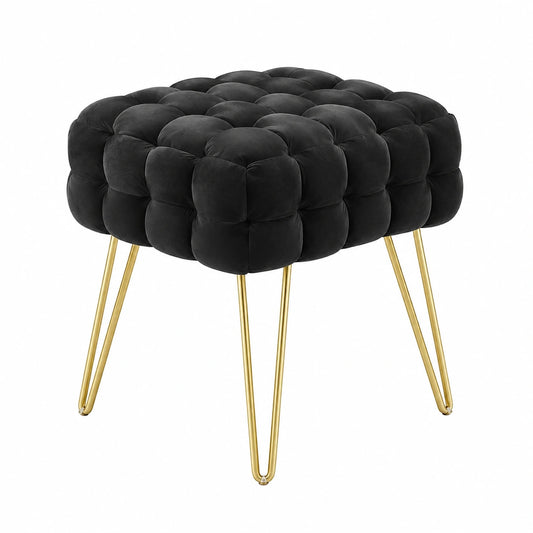 Zedelmaier Eleganter Samt-Kosmetikhocker mit Goldmetallbeinen, Quadratisch, Gepolstert, Schwarz, 38x38x41,5cm